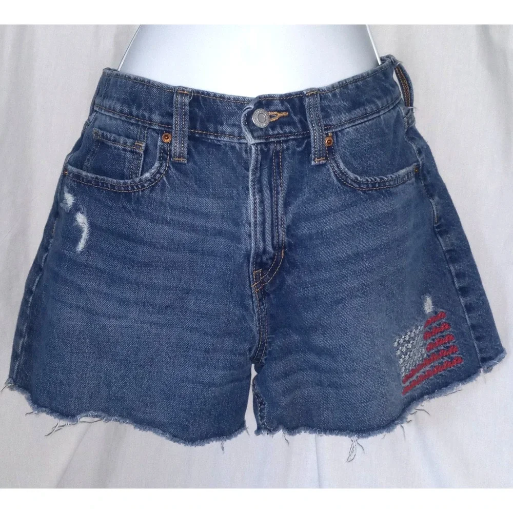 Old Navy Denim Jean‎ Shorts Distressed Raw Edge Embroidered Girls Size 16 Adjust